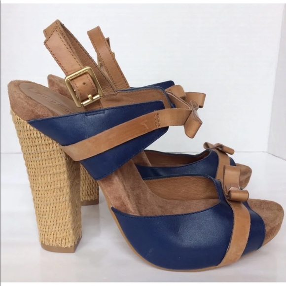 New Juicy Couture Women Block Heel Peep Toe Leather Raffia Navy Blue 9 Shoes - Picture 9 of 12